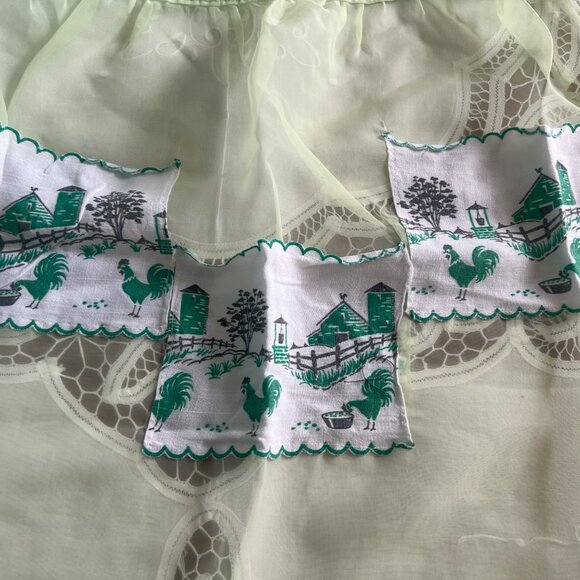 Vintage Green Chiffon Half Apron Pockets Chicken Rooster Farm Scene Retro Kitche - Picture 3 of 9
